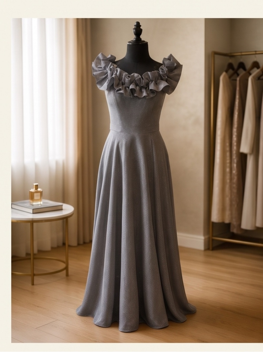 Xscape Gray Ruffle-Neck Maxi Evening Gown